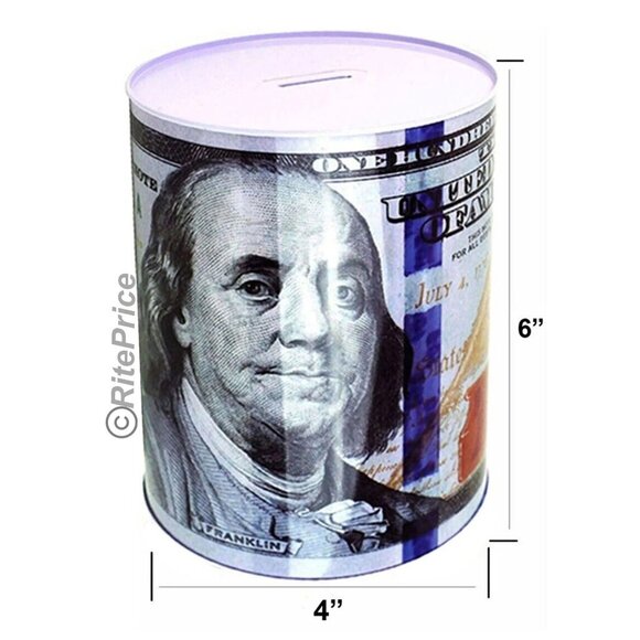 Ben Franklin $100 Bill Money Coin Saver Tin Money Savings 6" Piggy Bank (1 Pack) - Picture 3 of 9